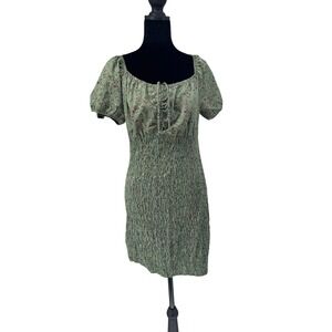 Stylehouse Dress Womens XL Olive Green New Floral Smocked Puff Sleeve Mini 3220